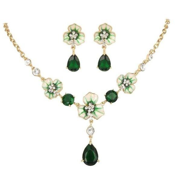 Yellow Gold and Emerald Cubic Zirconia Flower Necklace and Earrings Set - Picture 1 of 7